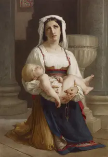 Italian Peasant Kneeling with Child, late 19th century. Creator: William-Adolphe Bouguereau