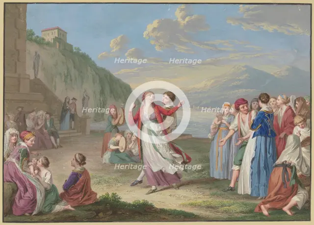 Italian peasants entertaining themselves by the lake with games and dancing..., 18th century. Creator: Friedrich Tischbein.