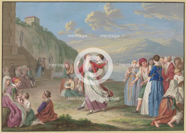 Italian peasants entertaining themselves by the lake with games and dancing..., 18th century. Creator: Friedrich Tischbein.