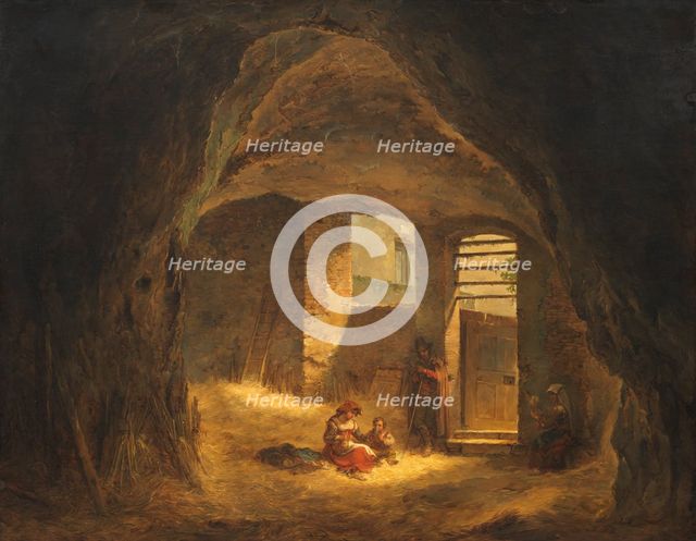 Italian Peasants in a Grotto (Antique Grotto in the Tarpeian Rock), 1821. Creator: Alexander Lauréus.