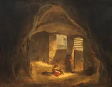 Italian Peasants in a Grotto (Antique Grotto in the Tarpeian Rock), 1821. Creator: Alexander Lauréus