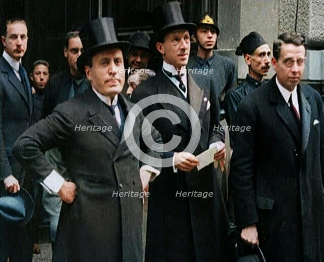 Italian Prime Minister Benito Mussolini Standing With Other Italian Politicians, 1922. Creator: British Pathe Ltd.