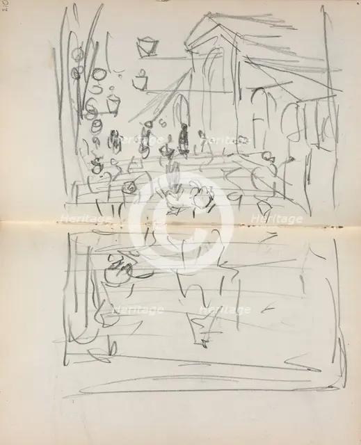 Italian Sketchbook: Bridge with Figures (page 209 & 210), 1898-1899. Creator: Maurice Prendergast (American, 1858-1924).