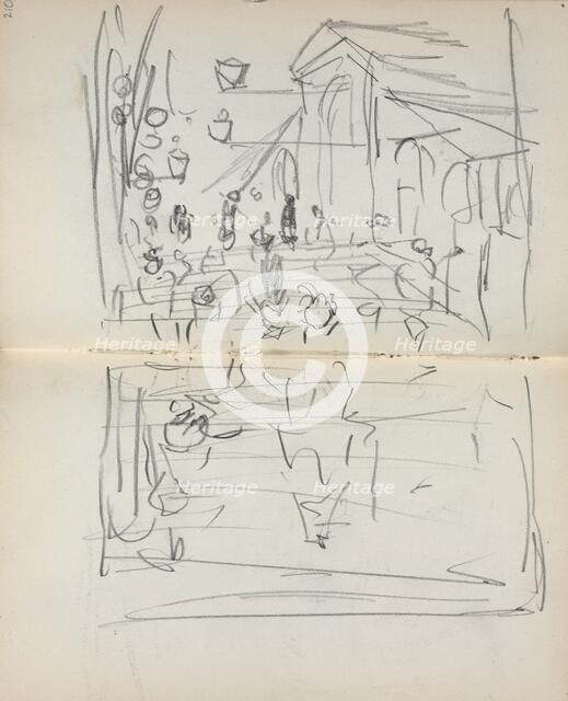 Italian Sketchbook: Bridge with Figures (page 209 & 210), 1898-1899. Creator: Maurice Prendergast (American, 1858-1924).