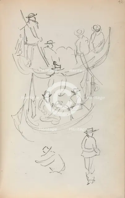 Italian Sketchbook: Two Gondolas with figures, 1898-1899. Creator: Maurice Prendergast (American, 1858-1924).