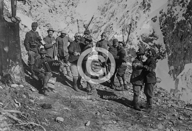 Italian soldiers' amusements at mountain outpost, between c1915 and c1920. Creator: Bain News Service.