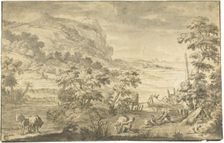 Italianate Coastal Scene with Fishermen, Encampment (recto); River Estuary (verso), 1675/99. Creator: Unknown