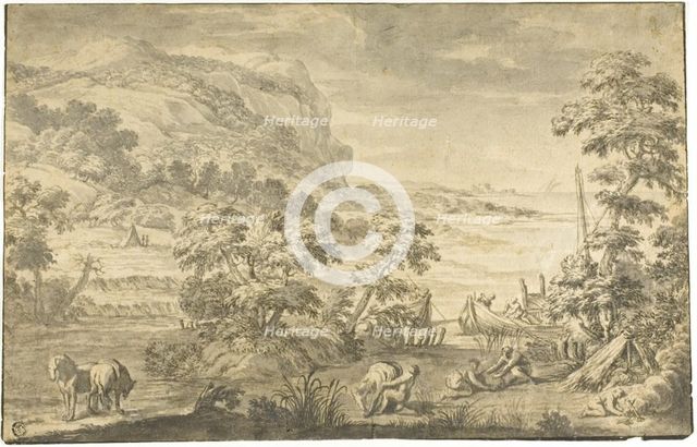 Italianate Coastal Scene with Fishermen, Encampment (recto); River Estuary (verso), 1675/99. Creator: Unknown.