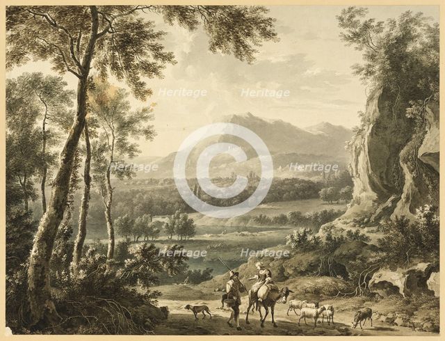 Italianate Landscape with Traveling Peasants in Foreground, 1700/99. Creator: Unknown.