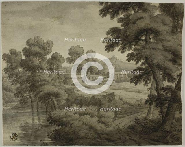 Italianate Landscape with Castle, Trees and Water in Foreground, n.d. Creator: Unknown.
