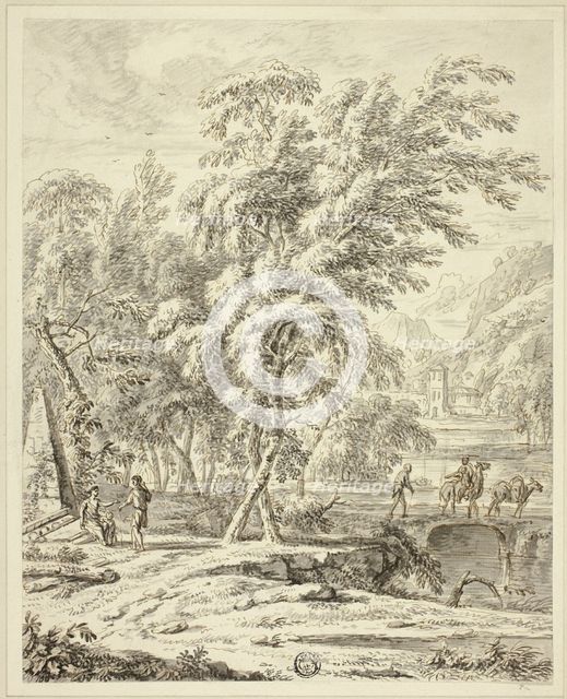 Italianate Landscape with Figures Crossing Bridge, n.d. Creators: Heinrich Meyeringh, Francesco Zuccarelli, Abraham Genoels II.