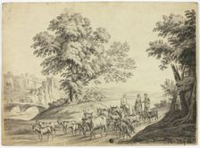 Italianate Landscape with Man and Two Women Herding Cattle, Goats and Sheep, n.d. Creator: Unknown