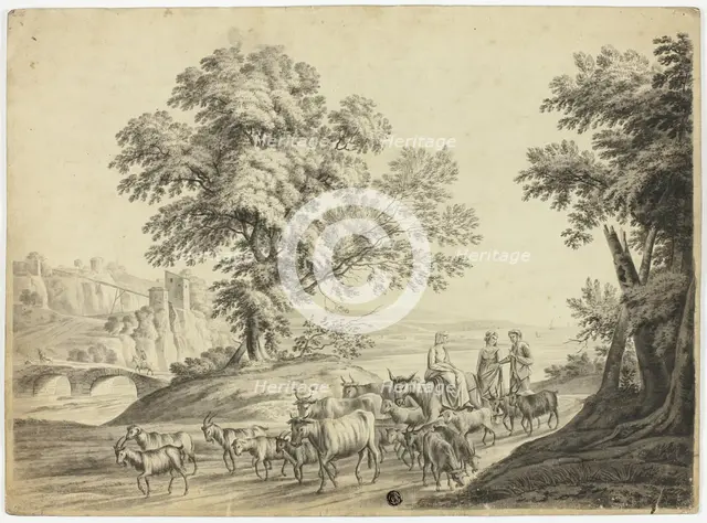 Italianate Landscape with Man and Two Women Herding Cattle, Goats and Sheep, n.d. Creator: Unknown.