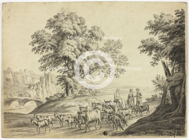 Italianate Landscape with Man and Two Women Herding Cattle, Goats and Sheep, n.d. Creator: Unknown.