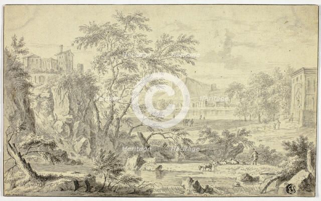 Italianate Landscape with Shepherd and Flock by Stream, Town in the Distance, n.d. Creator: Jan van Huysum.