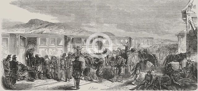 Italy-Austria War of 1859. Austrian soldiers wounded in the Battle of Montebello transported  by …