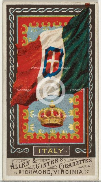 Italy, from Flags of All Nations, Series 1 (N9) for Allen & Ginter Cigarettes Brands, 1887. Creator: Allen & Ginter.