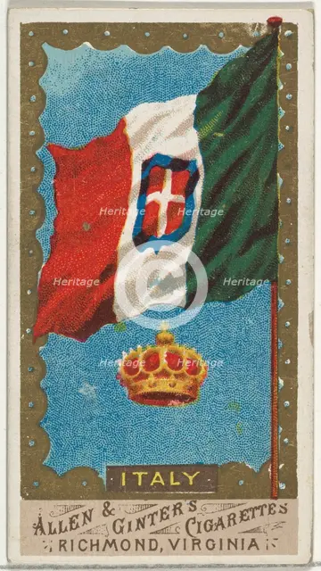Italy, from Flags of All Nations, Series 1 (N9) for Allen & Ginter Cigarettes Brands, 1887. Creator: Allen & Ginter.