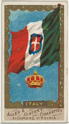 Italy, from Flags of All Nations, Series 1 (N9) for Allen & Ginter Cigarettes Brands, 1887. Creator: Allen & Ginter