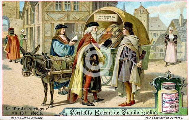 Itinerant 16th century bookseller with covered donkey cart full of books, late 19th century. Artist: Unknown