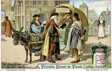 Itinerant 16th century bookseller with covered donkey cart full of books, late 19th century
