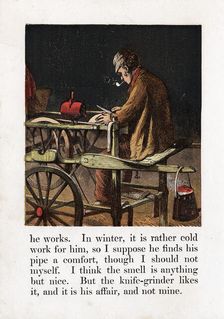 Itinerant knife grinder sharpening a blade by turning a grindwheel with a treadle, c1867