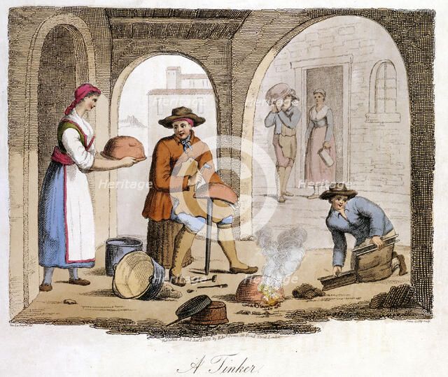 Itinerant tinker and his boy assistant, Piemonte (Piedmont) region, north-west Italy, 1825. Artist: Unknown