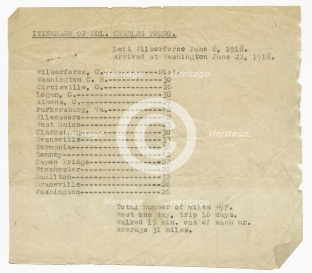 Itinerary for Col. Charles Young's trip from Wilberforce, OH to Washington, DC, 1918. Creator: Unknown.