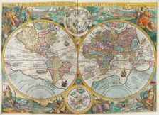 Itinerarium. World map with costumes, natives, ships, plants and animals, 1644. Creator: Linschoten, Jan Huygen van (1563-1611)