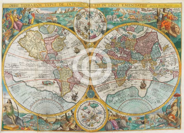Itinerarium. World map with costumes, natives, ships, plants and animals, 1644. Creator: Linschoten, Jan Huygen van (1563-1611).