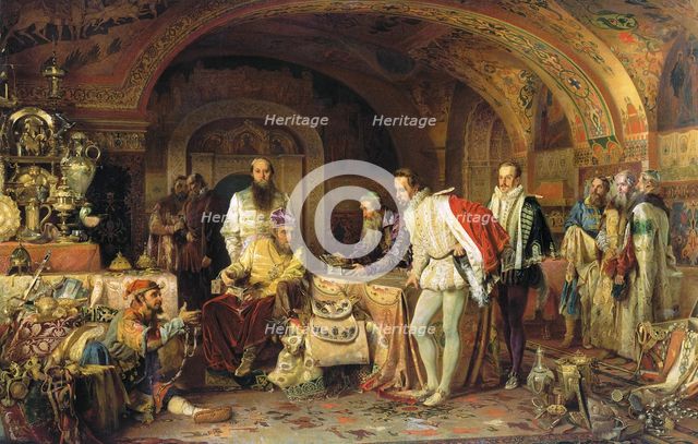 Ivan IV of Russia demonstrates his treasures to the ambassador of Queen Elizabeth I of England, 1875 Creator: Litovchenko, Alexander Dmitrievich (1835-1890).
