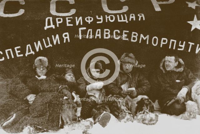 Ivan Papanin, Ernst Krenkel, Evgeny Fedorov and Petr Shirshov at the expedition North Pole-1, 1938.