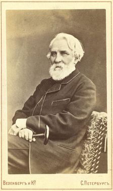 Ivan Sergeevich Turgenev, three-quarter length portrait, seated, facing left, between 1880 and 1886. Creator: Unknown