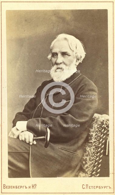 Ivan Sergeevich Turgenev, three-quarter length portrait, seated, facing left, between 1880 and 1886. Creator: Unknown.