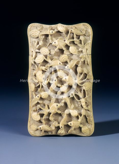 Ivory card case with crabs and fish in high relief, Hong Kong, 1936. Creator: Unknown.