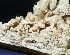 Ivory group of Red Guards with howitzer gun fording a stream, Cultural Revolution, China, 1967-1976