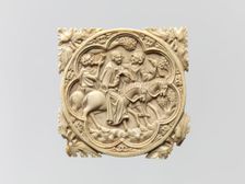 Ivory Mirror Case with a Falconing Party, French, 1330-60. Creator: Unknown