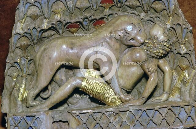 Ivory panel of a lioness devouring a boy, Palace of Ashurnasirpal II, Nimrud, Phoenician. Artist: Unknown