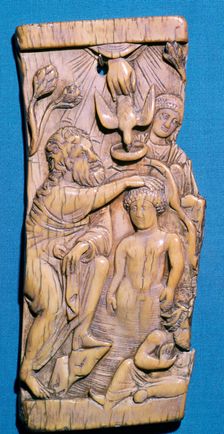 Ivory panel of the baptism of Christ in the River Jordan, 5th century