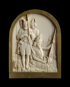 Ivory plaque depicting three Sikh warriors, 1845-1850