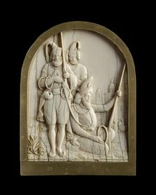Ivory plaque depicting three Sikh warriors, 1845-1850