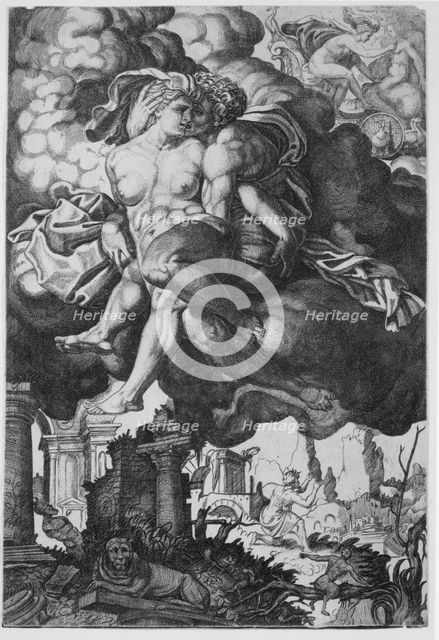 Ixion attempting to seduce Juno, surrounded by clouds with ruins below, ca. 1520-39. Creator: Giovanni Jacopo Caraglio.