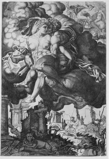 Ixion attempting to seduce Juno, surrounded by clouds with ruins below, ca. 1520-39. Creator: Giovanni Jacopo Caraglio