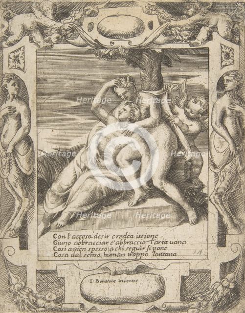 Ixion embracing a cloud, thinking it is Juno, Cupid at the right, set within an elabora..., 1531-76. Creator: Giulio Bonasone.