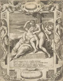 Ixion embracing a cloud, thinking it is Juno, Cupid at the right, set within an elabora..., 1531-76. Creator: Giulio Bonasone
