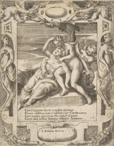 Ixion embracing a cloud, thinking it is Juno, Cupid at the right, set within an elabora..., 1531-76. Creator: Giulio Bonasone