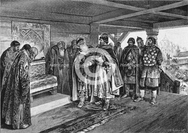 Iziaslav II Mstislavich and Viacheslav I Vladimirovich, 1890. Artist: Lebedev, Klavdi Vasilyevich (1852-1916)