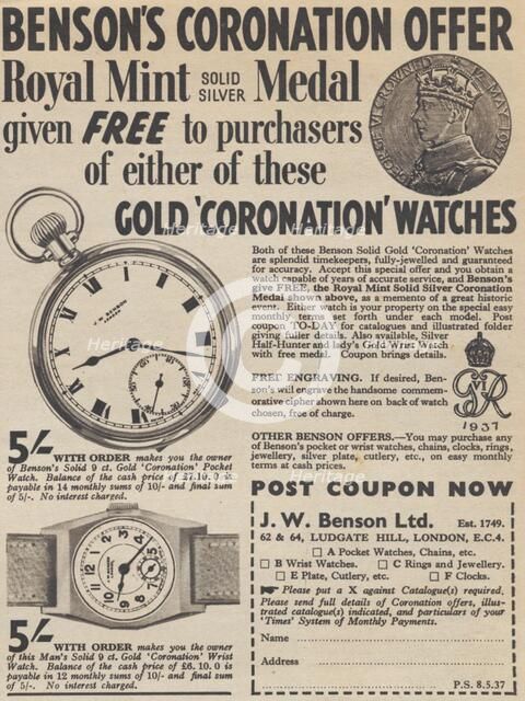 J W Benson Corornation watches, 1937. Artist: Unknown