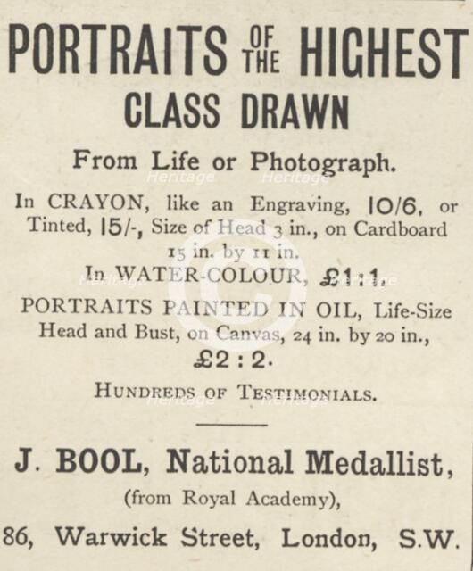 J Bool Portrait painter, 1893. Artist: Unknown