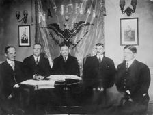 J.E. Bruce, Ban Johnson, A. Herrmann, T.J. Lynch, J.A. Heydler at table together, 1910. Creator: Bain News Service